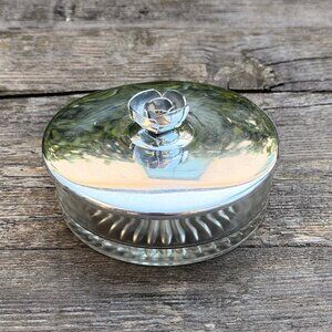 Vintage MCM Vanity Powder Dish Metal Chrome Rose Flower Lid Pressed Glass Candy